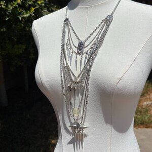 Lucky Brand Layered Silver-Tone Statement Necklace Spike & Crystal Bib